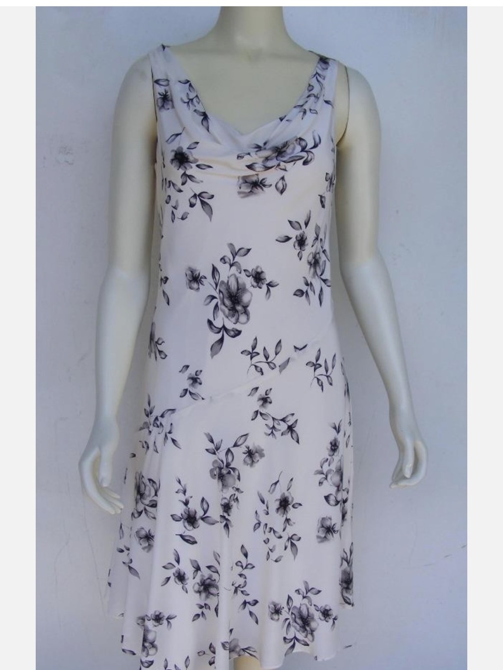 100% silk Sleeveless White Floral Cowl Neck Dress